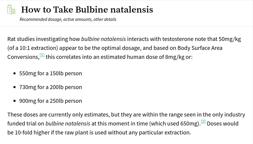 Screenshot of Examine's Human Dosage for Bulbine Natalensis